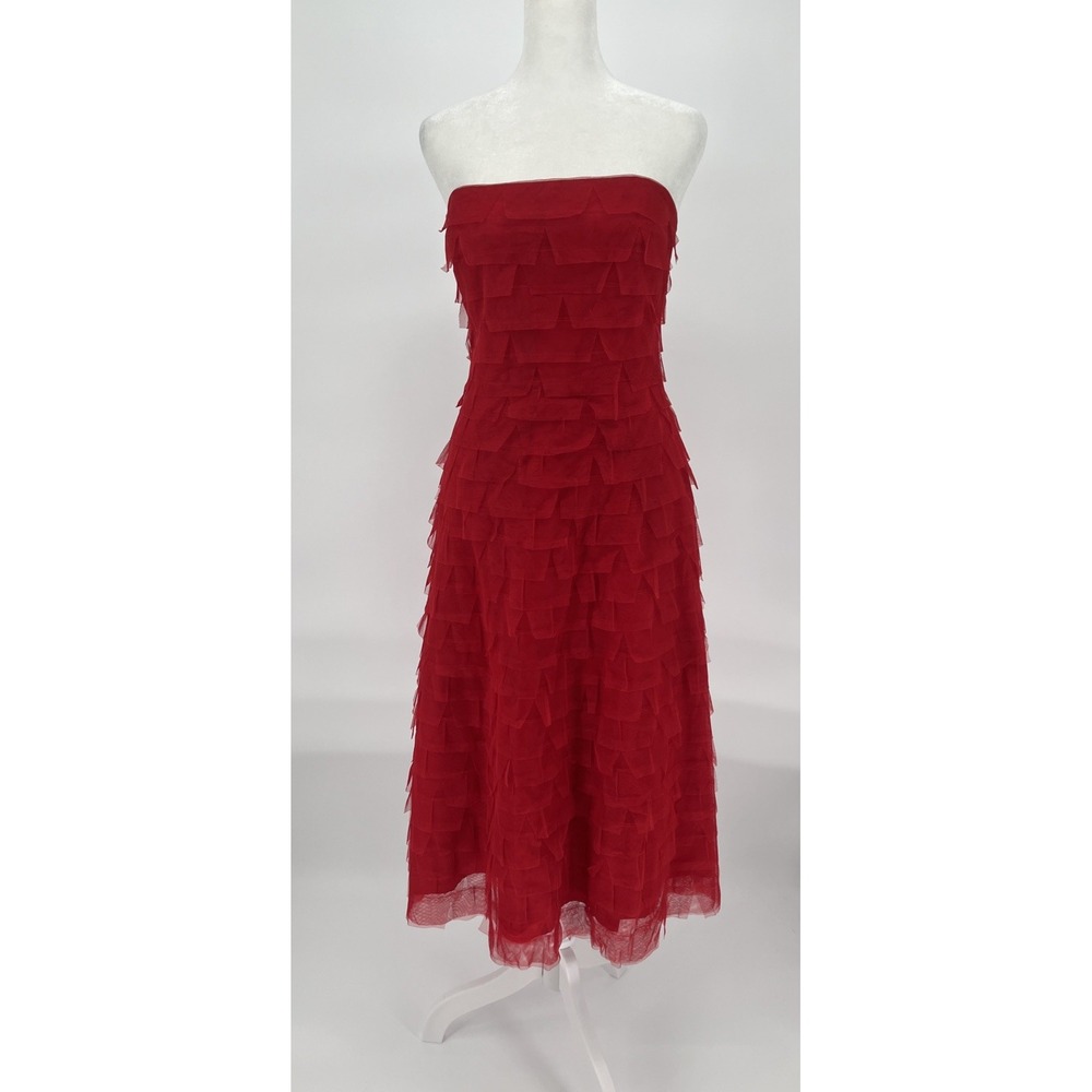 BCBG MaxAzria Red Tulle Midi Dress Size 2 Strapless Tiered Cocktail Evening Gown